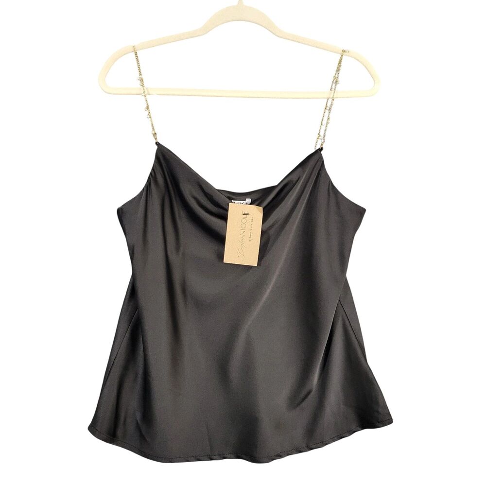 NWT WHY DRESS T220042 Black Satin Cowl Slip Top Chain Pearl Straps SIZE MEDIUM